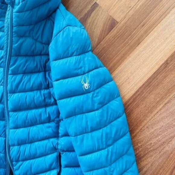 Like New Spyder Kids Puffer Jacket Hooded Teal Blue WARM Size XL 14/16
